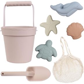 BLUE GINKGO Modern Baby Sand Toys | Travel Friendly | Silicone Bucket, Shovel, 4 Molds, Beach Bag for Toddlers, Kids - Blue