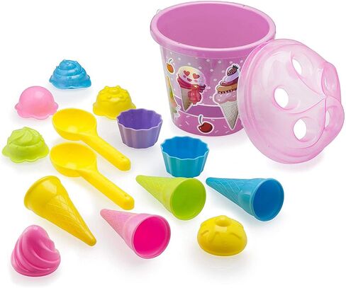 Top Race Kids Beach Toys Set with Bucket Pail and Spade Scoop - 16pcs Ice Cream Blue Sand Playset for Kids & Toddlers Ages 1.5,2,3,4,5,6,7,8,9 in Kuwait