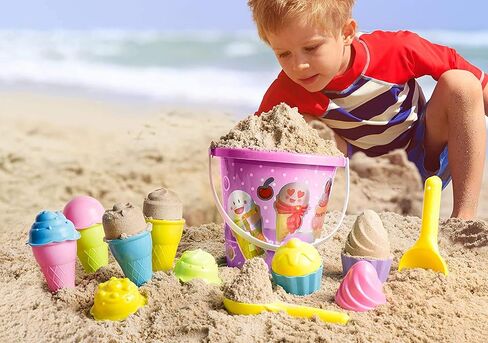 Top Race Kids Beach Toys Set with Bucket Pail and Spade Scoop - 16pcs Ice Cream Blue Sand Playset for Kids & Toddlers Ages 1.5,2,3,4,5,6,7,8,9 in Kuwait