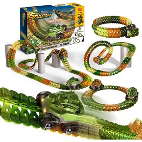 [92 Pcs] Dinosaur Race Track Anti Gravity Car Track Toys Flexible Race Magic Slot Car Track with LED Lights Various Ways for Toddlers Kids Preschooler Boys in Kuwait