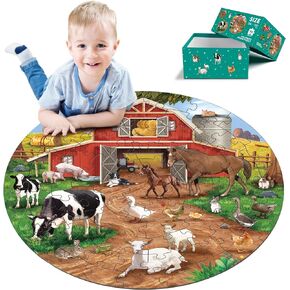 Farm Animals Round Jigsaw Puzzles,Jumbo Floor Puzzle for Kids,Large 70 Piece Barn Puzzle for Toddler Ages 3-5,Preschool Learning Educational Christmas Birthday Gift Gift for 4-8 Years Old Boy Girl