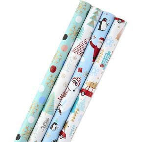 Hallmark Holiday Wrapping Paper Bundle with Cut Lines on Reverse, Quirky Christmas (Pack of 4, 120 sq. ft. ttl) Yeti, Santa, Penguin, Snowflakes, Blue, Gold, 5JXW1042