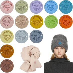 45 Pcs Handmade PU Leather Label Leather Crochet Labels Clothing Hand Made Embossed Tag with Holes Embellishments Knit Leather Tags for Crochet Sewing Clothing Decors (Round)
