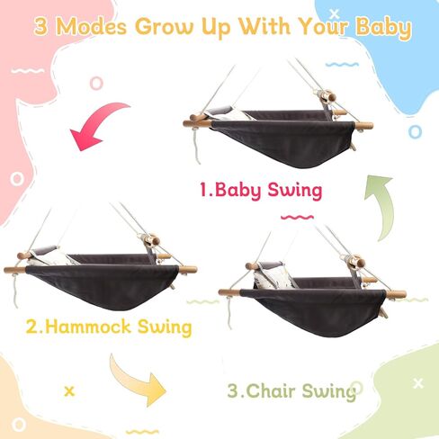 Baby Swing Outdoor and Indoor, Baby Hammock Toddler Swings, Baby Swing Outside Comfortable Wooden Midew Proof, Adjustable 5-Point Safety Belt, Great Gift for Baby Boys Girls Kids,Dark Grey in Saudi Arabia