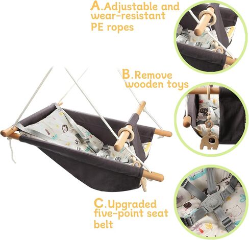 Baby Swing Outdoor and Indoor, Baby Hammock Toddler Swings, Baby Swing Outside Comfortable Wooden Midew Proof, Adjustable 5-Point Safety Belt, Great Gift for Baby Boys Girls Kids,Dark Grey in Saudi Arabia
