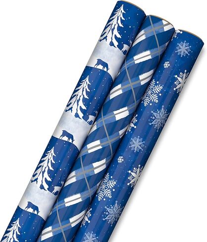 ورق تغليف عطلة الشتاء المميز مع خطوط مقطوعة على الجانب الخلفي (3 لفات: 120 قدم مربع إجمالي) الغزلان والأشجار، منقوشة باللونين الأزرق والأبيض، ورقاقات الثلج لعيد الميلاد، وحفلات الزفاف، وأعياد الميلاد، والانقلاب الشتوي in Kuwait