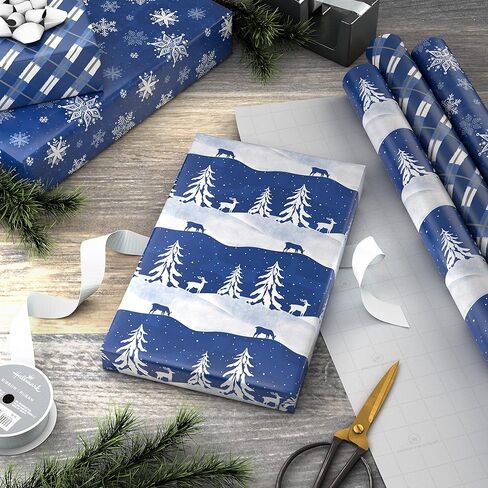 ورق تغليف عطلة الشتاء المميز مع خطوط مقطوعة على الجانب الخلفي (3 لفات: 120 قدم مربع إجمالي) الغزلان والأشجار، منقوشة باللونين الأزرق والأبيض، ورقاقات الثلج لعيد الميلاد، وحفلات الزفاف، وأعياد الميلاد، والانقلاب الشتوي in Kuwait