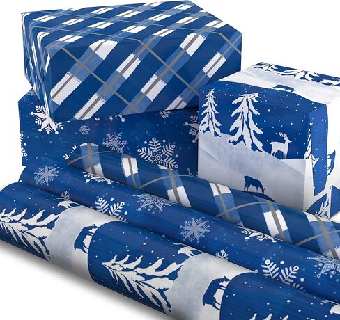 ورق تغليف عطلة الشتاء المميز مع خطوط مقطوعة على الجانب الخلفي (3 لفات: 120 قدم مربع إجمالي) الغزلان والأشجار، منقوشة باللونين الأزرق والأبيض، ورقاقات الثلج لعيد الميلاد، وحفلات الزفاف، وأعياد الميلاد، والانقلاب الشتوي in Kuwait