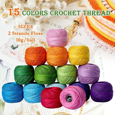 colored bird Size 8 Crochet Thread Kit Cotton Threads Balls kit 15 Popular Rainbow Colors with Knitting Needles for Beginners in Kuwait