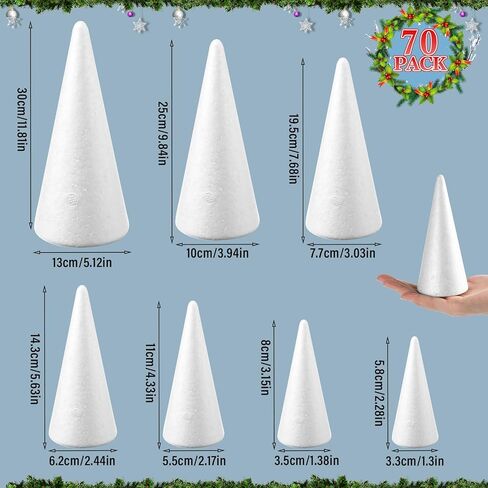 Xuniea 70 Pcs White Foam Cones for Crafts 7 Sizes 2.2-11.8 Inch Polystyrene Cone Foam Christmas Tree Craft Foam Cones Assorted Sizes for Arts Easter Party Decorations Arrangements Table in Saudi Arabia