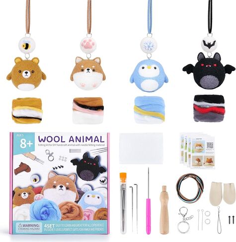 مجموعة التلبيد بإبرة Achwishap للمبتدئين، 4 مجموعات من مواد التلبيد بإبرة الحيوانات الصوفية، 8 قطع بما في ذلك 4 حيوانات و4 كرات صغيرة، هدية لطيفة يمكنك صنعها بنفسك في عيد الميلاد وعيد الميلاد in Kuwait