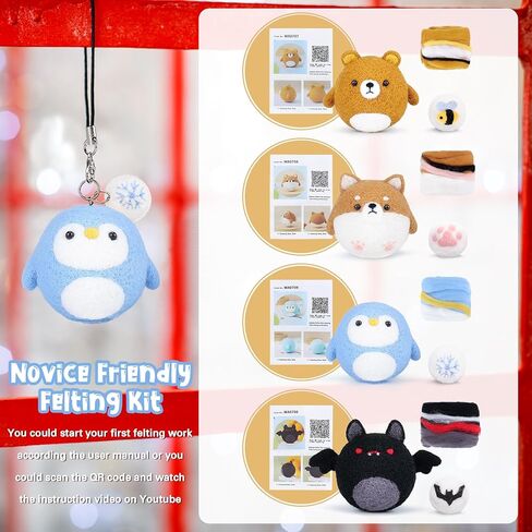 مجموعة التلبيد بإبرة Achwishap للمبتدئين، 4 مجموعات من مواد التلبيد بإبرة الحيوانات الصوفية، 8 قطع بما في ذلك 4 حيوانات و4 كرات صغيرة، هدية لطيفة يمكنك صنعها بنفسك في عيد الميلاد وعيد الميلاد in Kuwait