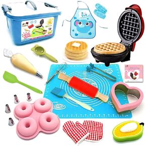 15 Pcs Kids Junior Tiny Play Kitchen Accessories - Mini Kitchen Real Cooking Baking Sets for Real Food Making - Easy Bake Oven Stove for Kids, Chef, Apron, Oven Mitt, Recipes - Gift for Boys Girls Age in Saudi Arabia