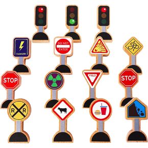 15 Pieces - Wooden Traffic Signs For Kids - Zany Street Signs for Play Mats, Toy Trains and Cars - Wooden Street Signs Road Signs - Educational Preschool Train Track Accessories - Zany Trains Series 2
