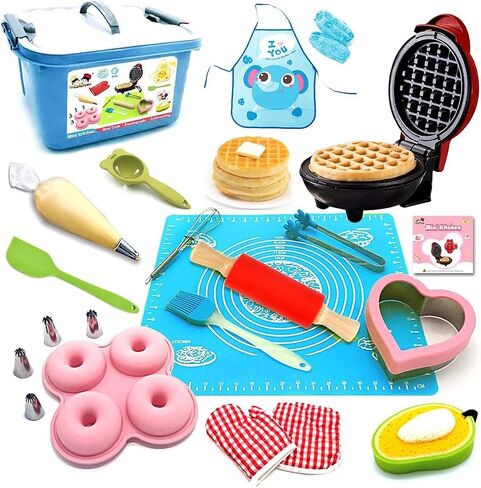 15 Pcs Kids Junior Tiny Play Kitchen Accessories - Mini Kitchen Real Cooking Baking Sets for Real Food Making - Easy Bake Oven Stove for Kids, Chef, Apron, Oven Mitt, Recipes - Gift for Boys Girls Age in Saudi Arabia