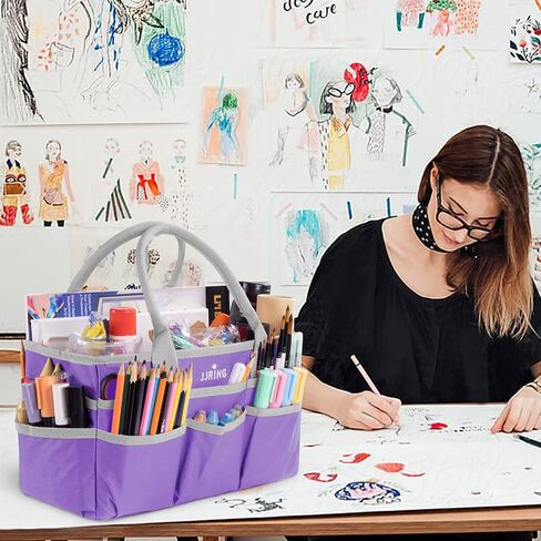 حقيبة JJRING Craft and Art Tote - حقيبة تنظيم الخياطة الفنية من نسيج النايلون الأرجواني 600D مع جيوب - لتخزين الحرف اليدوية وسجلات القصاصات واللوازم الطبية والمكتبية in Kuwait