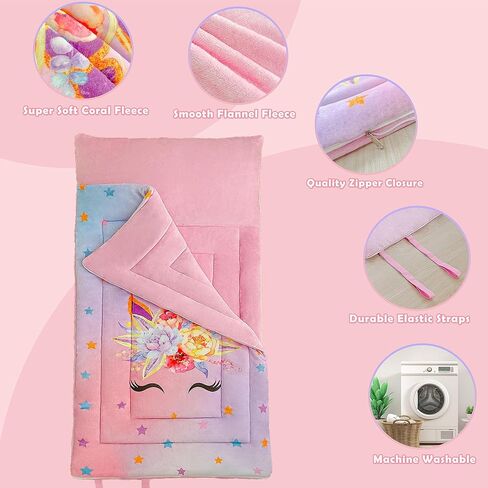 حقيبة نوم للأطفال على شكل وحيد القرن باللون الوردي للفتيات على شكل نجمة قوس قزح وحقيبة نوم من الصوف الناعم من الصوف للقيلولة للعناية النهارية، سجادات نوم محمولة للأطفال الصغار مع حقيبة حمل in Kuwait