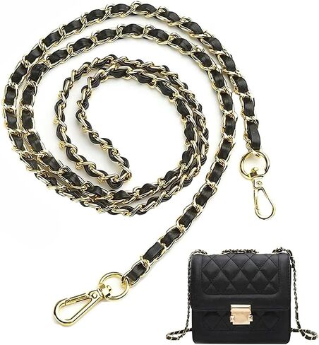 محفظة WOLAIYE بأشرطة سلسلة ذهبية من الجلد المنسوج لحقيبة المحفظة وحقائب الكتف عبر الجسم وحزام حقيبة بديلة (أسود) in Kuwait