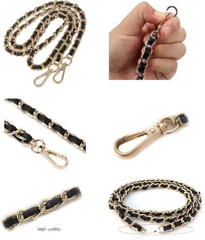 محفظة WOLAIYE بأشرطة سلسلة ذهبية من الجلد المنسوج لحقيبة المحفظة وحقائب الكتف عبر الجسم وحزام حقيبة بديلة (أسود) in Kuwait