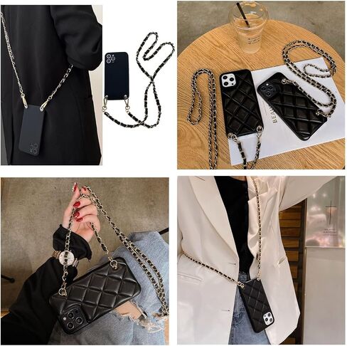 محفظة WOLAIYE بأشرطة سلسلة ذهبية من الجلد المنسوج لحقيبة المحفظة وحقائب الكتف عبر الجسم وحزام حقيبة بديلة (أسود) in Kuwait