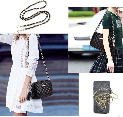 محفظة WOLAIYE بأشرطة سلسلة ذهبية من الجلد المنسوج لحقيبة المحفظة وحقائب الكتف عبر الجسم وحزام حقيبة بديلة (أسود) in Kuwait