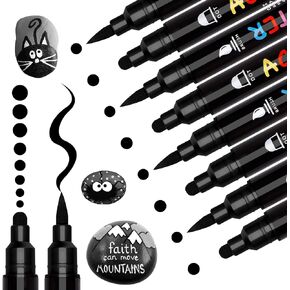 Black White Silver Gold Paint Marker, 8 Pack Dual Tip Acrylic Paint Pens with Medium Tip and Brush Tip, Ideal for Wood, Rock Painting, Canvas, Stone, Glass, Ceramic