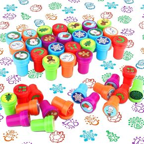 WILLBOND 40 Pack Christmas Stamps Bright Colored Plastic Stamps Assorted Self Ink Stampers with 10 Different Patterns Snowflake Stamps for Prizes, Stocking Filler and Xmas Party Favors