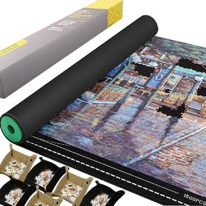 Lwoeo Jigsaw Puzzle Mat Roll Up, No Creases 43" x 25" Rubber Saver Pad Up to 1500 Pieces, Black Large Puzzel Matte Rollup with 6 Sorting Trays & 1 Storage Bag. Ideal for Holiday and Birthday
