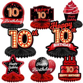 Happy 10th Birthday Red and Black Table Honeycomb Centerpieces Balloons Theme Decor Table Decorations Table Toppers for Girls Women Princess 10 Years Old Birthday Party Bday Supplies Background Gold