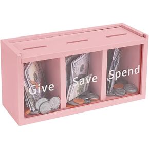 Mczxon Spend Save Give Piggy Bank for Kids, Money Coin Savings Piggy Bank Jar Box for Kids Child Safe Money Saver, Teach Children About Giving & Saving Money Piggy Box for Childrens Boys Girls, Pink