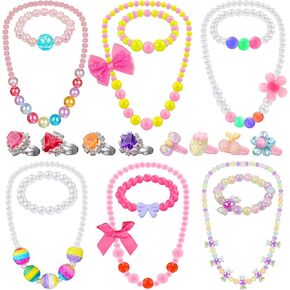 6 Sets Play Jewelry for Little Girls Princess Necklace Bracelet Set Includes Kid Beaded Necklace Bracelet with 8 Rings for Toddler Christmas Birthday Party Favors Cosplay(Mermaid, Rainbow Style) in Saudi Arabia