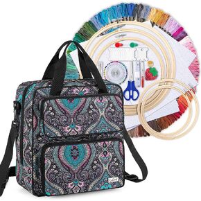 LoDrid Embroidery Starter Kit with Storage Bag, Cross Stitch Kits Tools with Case for Beginners, Adults, Craft Supplies Kits Bag for Easy Carrying, with Handles and Shoulder Strap, Purple