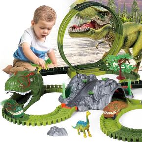 Dinosaur Track Toy Set, 194pcs Flexible Track Toy Set with Dino Car, 360 Degree Rotation Car Track Toy, Create A Dinosaur World Road Race, Dinosaur Toys Track for Kids Ages 3 4 5 6 7 Year Old Boy Girl in Kuwait