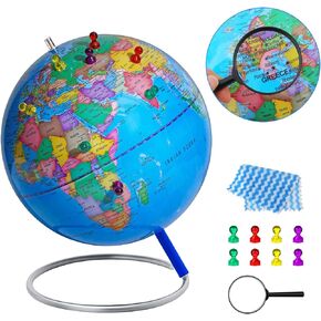 𝟗" 𝐖𝐨𝐫𝐥𝐝 𝐆𝐥𝐨𝐛𝐞 for kids & adult, Classroom & Office Desk, Small Educational Globe with iron Stand for Kids Learning, HD colorful World Map, Magnetic Push Pins & magnifier & handkerchief, 360° Horizontal Rotation Homeschool World Globe Blue