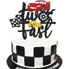 Two Fast Cake Topper Race Car 2nd Cake Decoration for Racing Car Checkered Flag Themed Kids Boy Girl 2 Years Old Happy 2s Birthday Party Supplies Double Sided in Kuwait