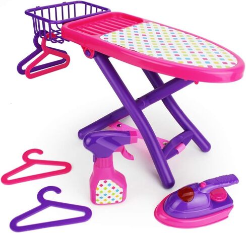 Boley Pretend Play Laundry Playset - Pink and Purple Laundry Toys with Ironing Board, Toy Iron, Spray Bottle, Hangers and Toy Storage Basket for Kids and Toddlers in Kuwait