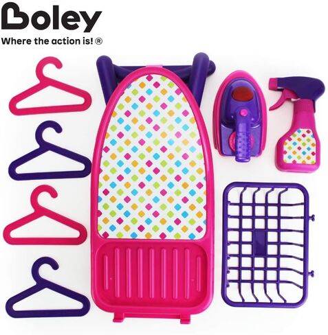 Boley Pretend Play Laundry Playset - Pink and Purple Laundry Toys with Ironing Board, Toy Iron, Spray Bottle, Hangers and Toy Storage Basket for Kids and Toddlers in Kuwait