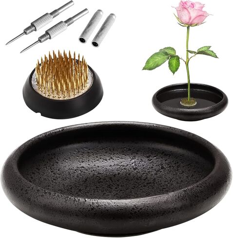 Anjetan Eggone Japanese Ikebana Vase Kit, Black Shallow Kenzan Container Ceramics Flower Arrangement Kit with 1.57 inch Flower Frogs, Pottery Floral Floristry Planter Pot in Saudi Arabia