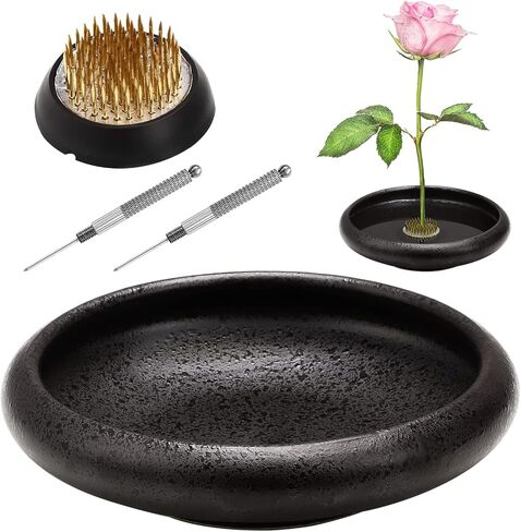 Anjetan Eggone Japanese Ikebana Vase Kit, Black Shallow Kenzan Container Ceramics Flower Arrangement Kit with 1.57 inch Flower Frogs, Pottery Floral Floristry Planter Pot in Saudi Arabia
