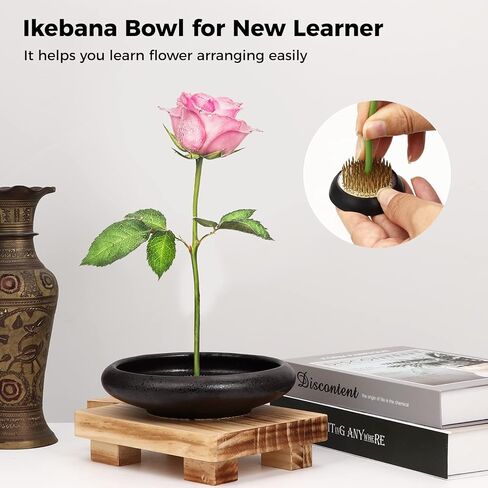 Anjetan Eggone Japanese Ikebana Vase Kit, Black Shallow Kenzan Container Ceramics Flower Arrangement Kit with 1.57 inch Flower Frogs, Pottery Floral Floristry Planter Pot in Saudi Arabia