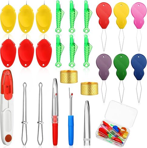 26 Pieces Needle Threaders Kit 6 Gourd Shaped Needle Threader 6 Thumb Sewing Needle Threader 6 Fish Sewing Threader 2 Seam Ripper 2 Sewing Tweezers 2 Thimble with Scissor Box for DIY (Fresh Color) in Kuwait