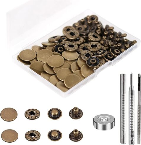 24 Sets Heavy Duty Leather Snap Fasteners Kit, BetterJonny 12.5mm Metal Snap Buttons Press Studs Leather Rivets Snaps with 4 Setter Tools for Clothes Bracelet Jackets Jeans Antique Brass in Kuwait