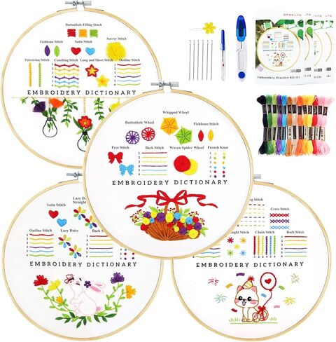 DPSKLTD 4 مجموعات من أدوات ممارسة غرز التطريز، مجموعة التطريز للمبتدئين مع الأنماط، مجموعة التطريز اليدوي للأطفال والكبار، مبتدئين التطريز، عشاق الحرف اليدوية in Kuwait