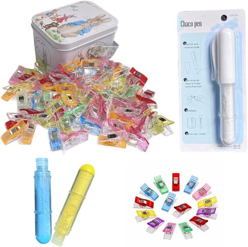 LRDCREEE Sewing Clips 100Pcs with Tin Box Multipurpose Sewing Clips Assorted Colors Fabric Quilting Clips with Tailors Chalk Fabric Markers for Fabric Quilting Sewing and Crafts Use in Kuwait