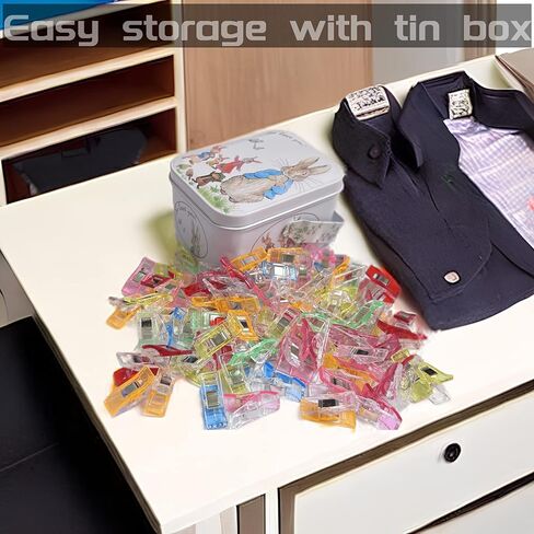 LRDCREEE Sewing Clips 100Pcs with Tin Box Multipurpose Sewing Clips Assorted Colors Fabric Quilting Clips with Tailors Chalk Fabric Markers for Fabric Quilting Sewing and Crafts Use in Kuwait