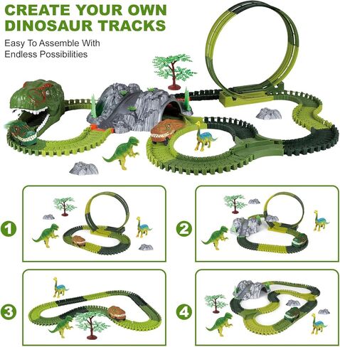 مجموعة ألعاب مسار الديناصورات، 194 قطعة مجموعة ألعاب المسار المرنة مع سيارة دينو، لعبة مسار السيارة تدور 360 درجة، إنشاء سباق الطريق العالمي للديناصورات، مسار ألعاب الديناصورات للأطفال الذين تتراوح أعمارهم بين 3 4 5 6 7 سنوات in Kuwait