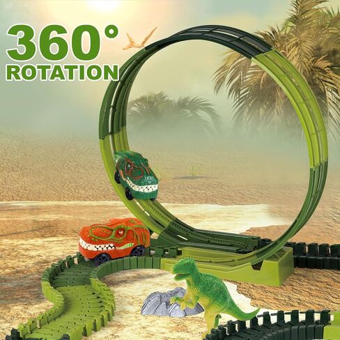 مجموعة ألعاب مسار الديناصورات، 194 قطعة مجموعة ألعاب المسار المرنة مع سيارة دينو، لعبة مسار السيارة تدور 360 درجة، إنشاء سباق الطريق العالمي للديناصورات، مسار ألعاب الديناصورات للأطفال الذين تتراوح أعمارهم بين 3 4 5 6 7 سنوات in Kuwait