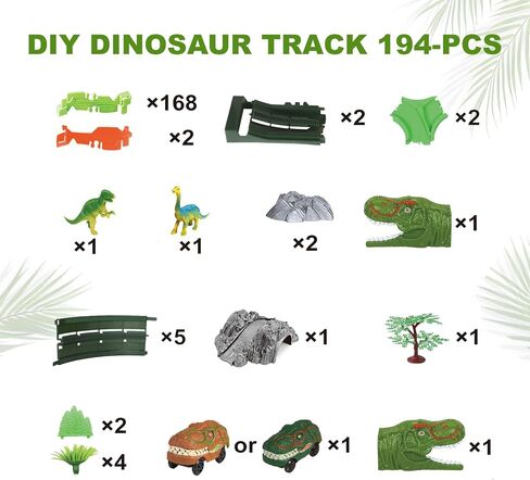 مجموعة ألعاب مسار الديناصورات، 194 قطعة مجموعة ألعاب المسار المرنة مع سيارة دينو، لعبة مسار السيارة تدور 360 درجة، إنشاء سباق الطريق العالمي للديناصورات، مسار ألعاب الديناصورات للأطفال الذين تتراوح أعمارهم بين 3 4 5 6 7 سنوات in Kuwait