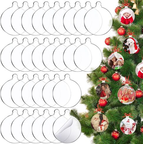 MBJZSL 100 Pack Clear Round Acrylic Christmas Ornaments with Red Ribbon Christmas Clear Acrylic Ornaments DIY Blank Round Acrylic Ornament for Christmas Bauble Tree Decoration Tag Craft (3 Inches) in Kuwait