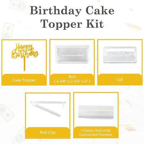 The Money Cake - مجموعة أدوات سحب كعكة النقود تتضمن 1 صندوق نقود، 2 لفة بلاستيكية، 40 حقيبة شفافة متصلة بجيب كل منها، و2 قطعة علوية مفاجئة للكيك لأعياد الميلاد وحفلات التخرج in Kuwait